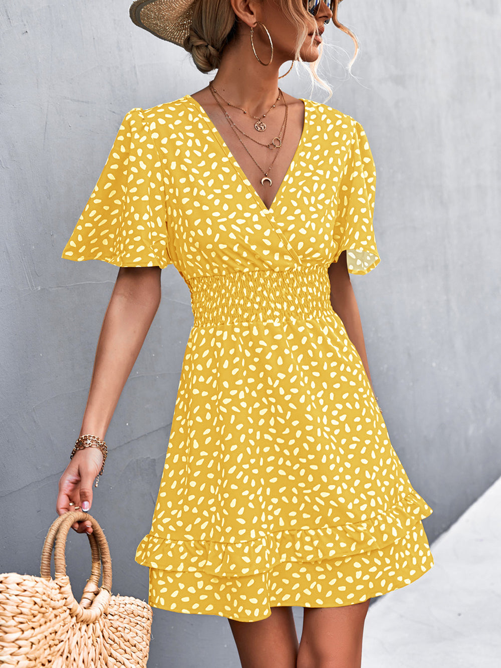 Damen Blümchen Minikleid mit Rüschen und elastischem Taillenbund EB