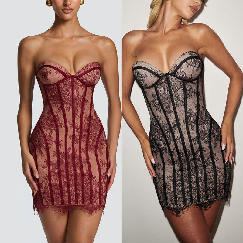 Damen verführerisches Spitzenkleid mit herzförmigem Ausschnitt und figurformendem Design EB