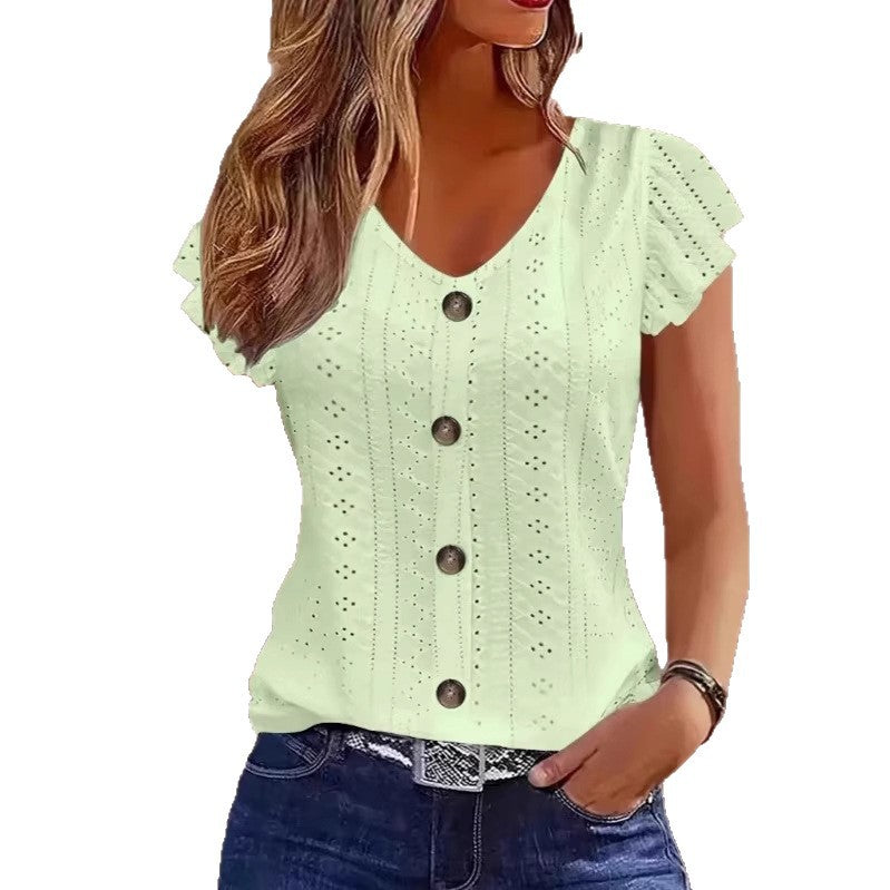 Damen luftige Bluse mit filigranem Lochmuster und Knopfdetails EB