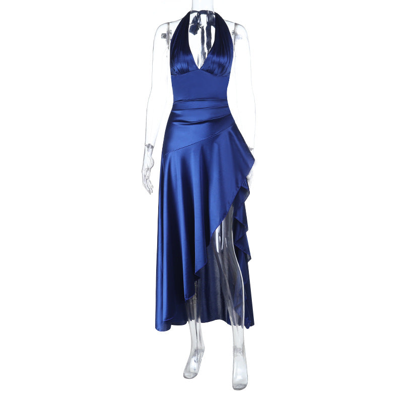 Damen schickes Maxi-Kleid mit tiefem V-Ausschnitt und fließendem Rüschenrock EB
