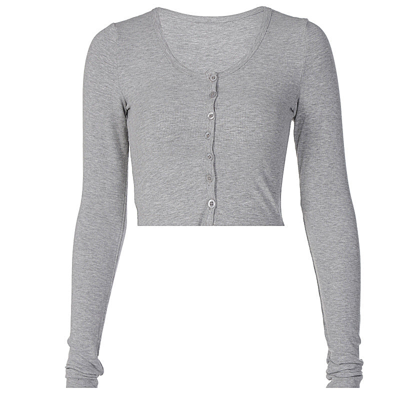 Damen Langarm-Crop-Top mit Knopfleiste und figurbetonter Passform EB