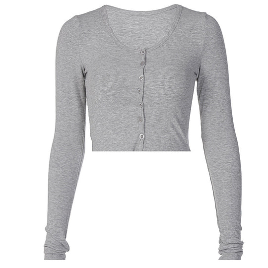 Damen Langarm-Crop-Top mit Knopfleiste und figurbetonter Passform EB