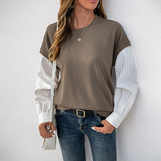 Damen Casual-Longsleeve mit Rippoberteil & gestreiften Blusenärmeln EB