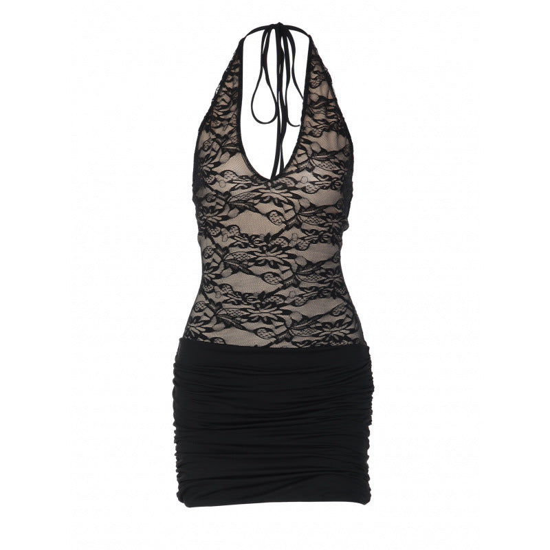 Damen Neckholder Minikleid mit eleganter Spitze und gerafftem Rock EB
