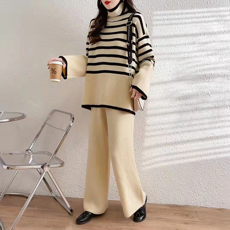 Damen Lässiges Strickensemble mit hohem Kragen und breiten Ärmeln EB