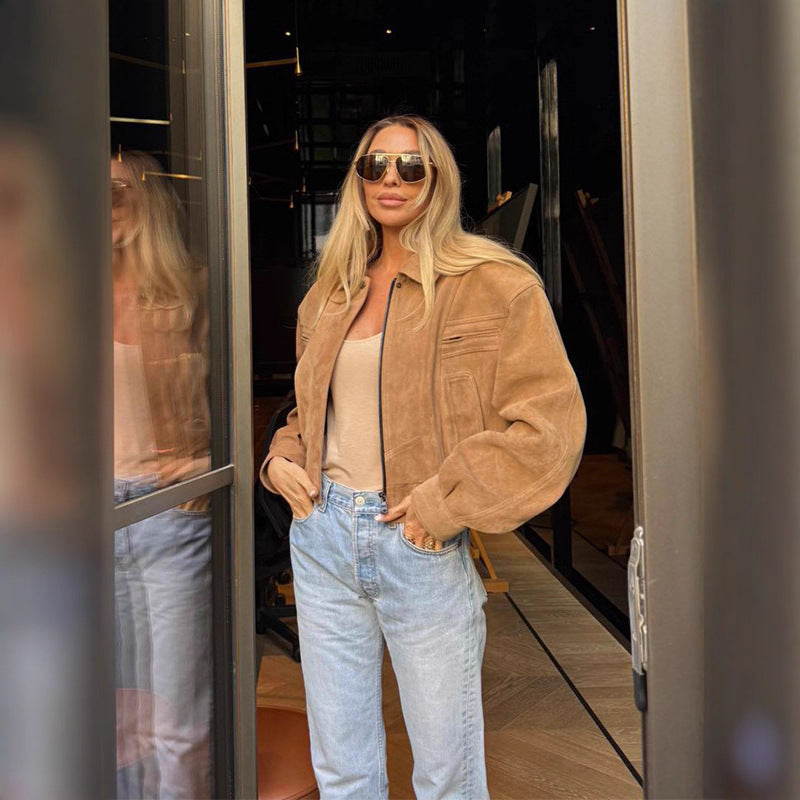 Damen Suede Übergangsjacke im lässigen Stil mit Ballonärmeln EB