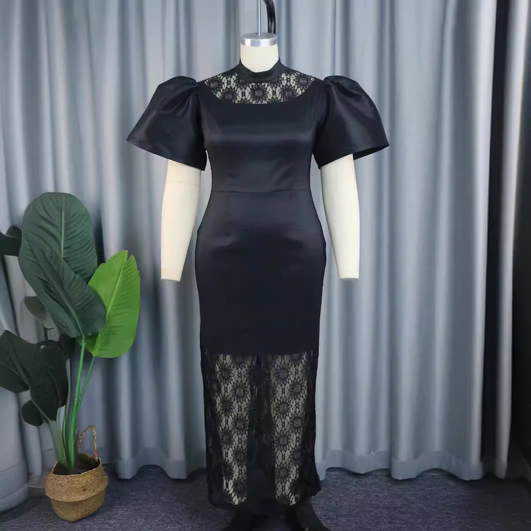 Damen Elegantes Maxikleid mit dekorativen Puffärmeln und romantischem Spitzenunterbau EB