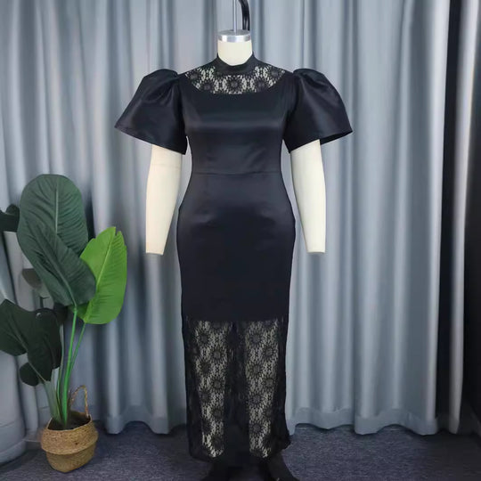 Damen Elegantes Maxikleid mit dekorativen Puffärmeln und romantischem Spitzenunterbau EB