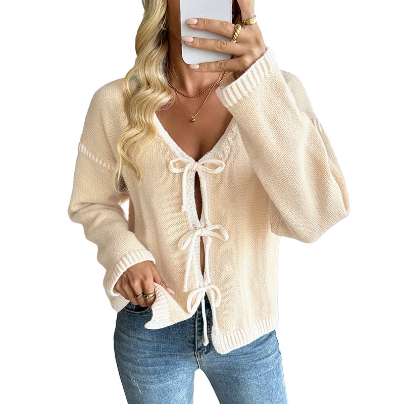 Damen Strickcardigan mit Schleifenverschluss und tiefem V-Ausschnitt EB