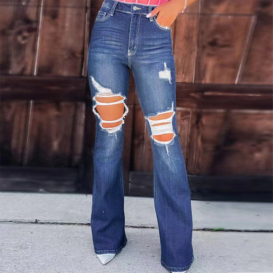Damen Flared Jeans mit modischen Destroyed-Effekten und hohem Bund EB