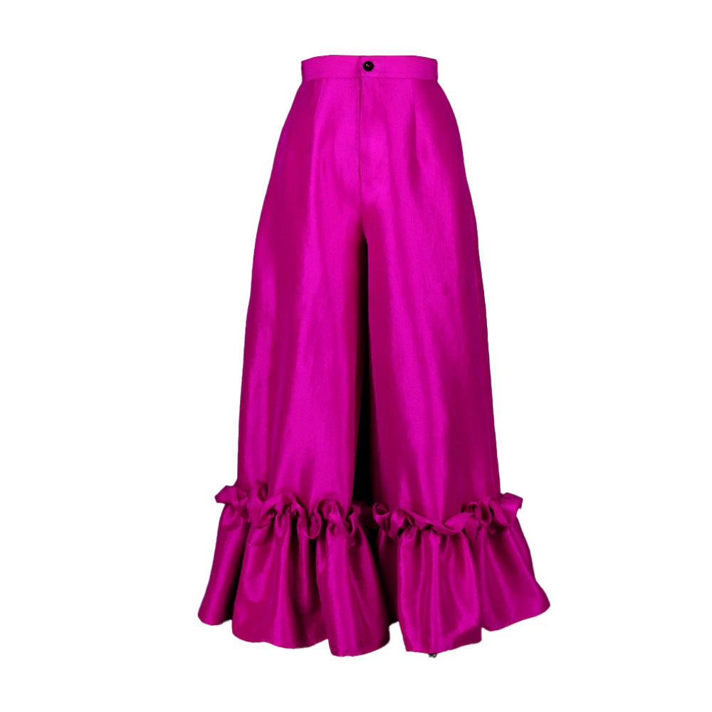 Damen Weite Satinhose mit Rüschenabschluss EB