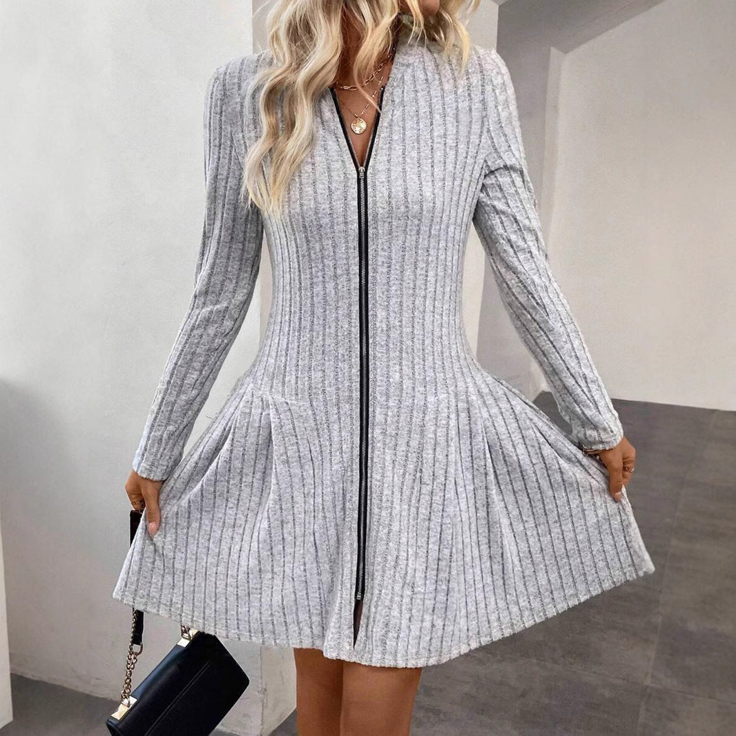 Damen Geripptes Strickkleid mit Frontreißverschluss und A-Linien-Silhouette EB