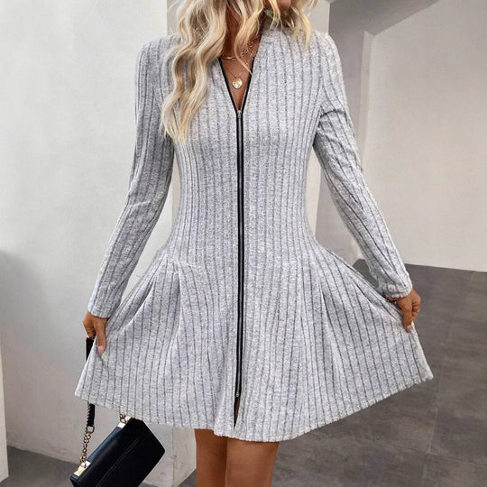 Damen Geripptes Strickkleid mit Frontreißverschluss und A-Linien-Silhouette EB