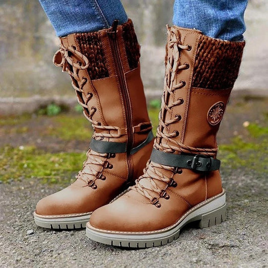 Damen nan gefütterte Schnürstiefel mit gestricktem Schaftbund, dekorativem Schnallenriemen und profilierter Gummisohle EB