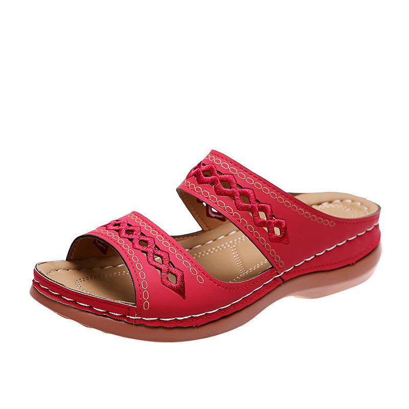 Damen Komfort-Sandalen mit doppeltem Riemen, Stickerei und gepolstertem Fußbett EB