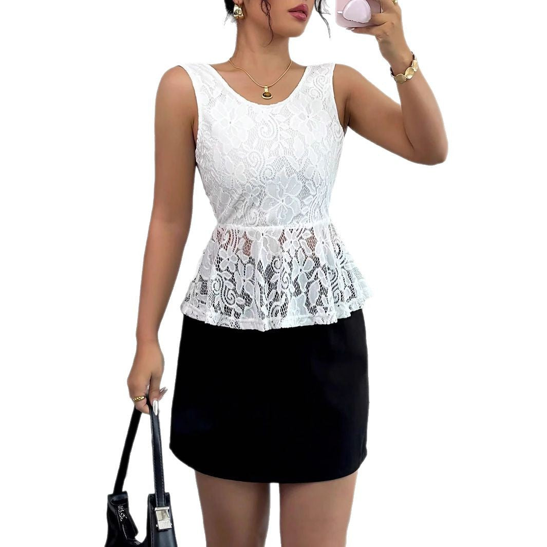 Damen nan tailliertes ärmelloses Spitzen-Peplum-Top mit gefütterter Brustpartie und transparentem Volant EB