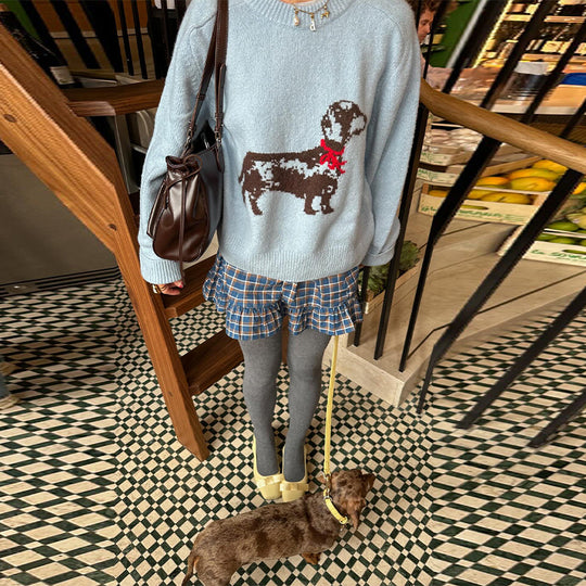 Damen Sweatshirt mit verspieltem Hundemotiv und gerippten Ärmeln EB