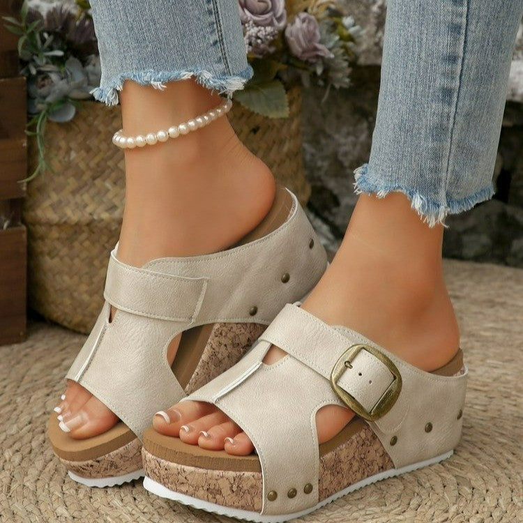 Damen Clogs mit modischem Kork-Plateau und verstellbarem Riemen EB