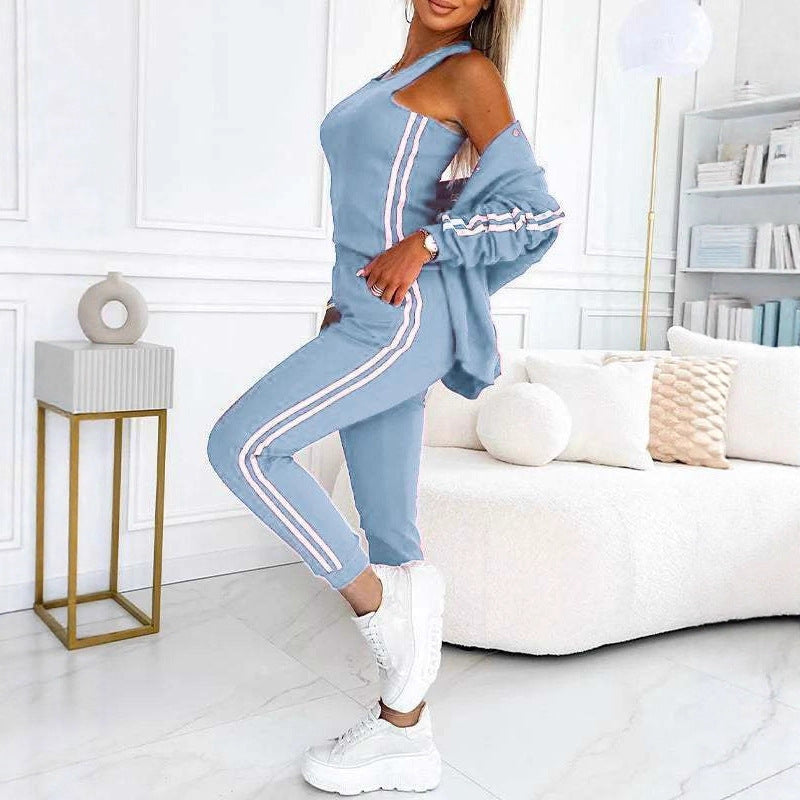 Damen nan sportliches Jogginganzug-Set mit Collegejacke, kurzes Top und slim-fit Jogginghose EB
