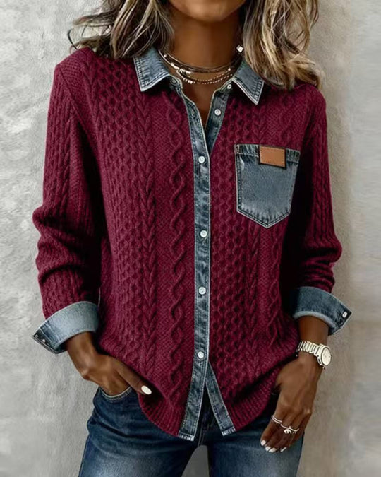 Damen nan geflochtener Strickpullover mit integriertem Jeanskragen und Brusttasche EB