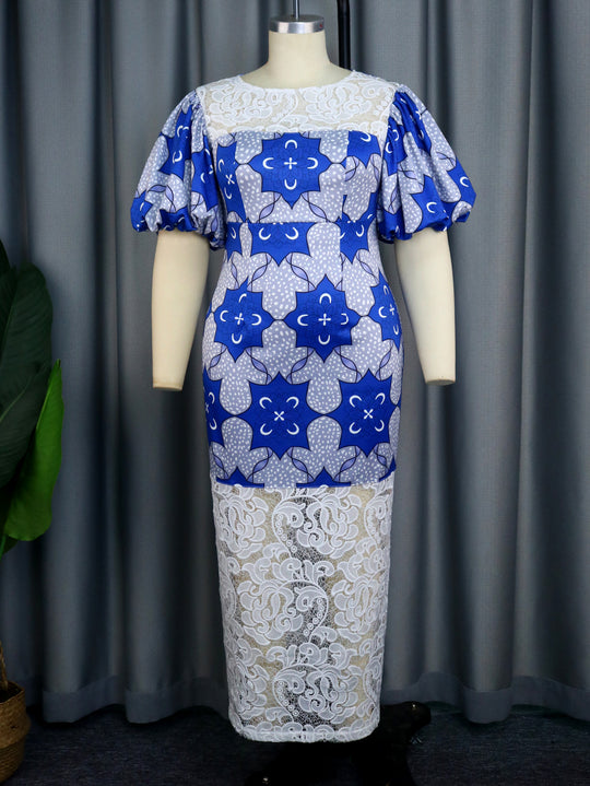 Damen Elegantes Midi-Langarmkleid mit floralem Muster und Puffärmeln EB