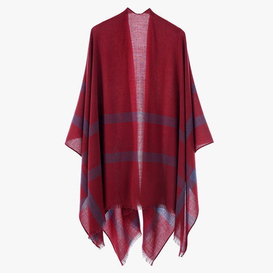 Damen Leichter V-Ausschnitt-Poncho aus feinem Gewebe mit diagonalen Kontraststreifen EB