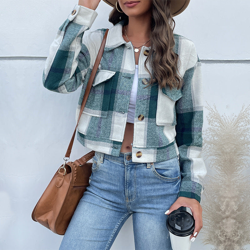 Damen Karierte Denimjacke mit Knöpfen und Brusttaschen EB