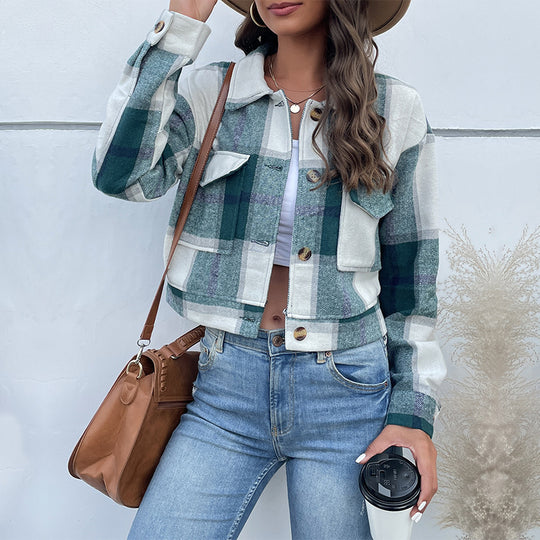Damen Karierte Denimjacke mit Knöpfen und Brusttaschen EB
