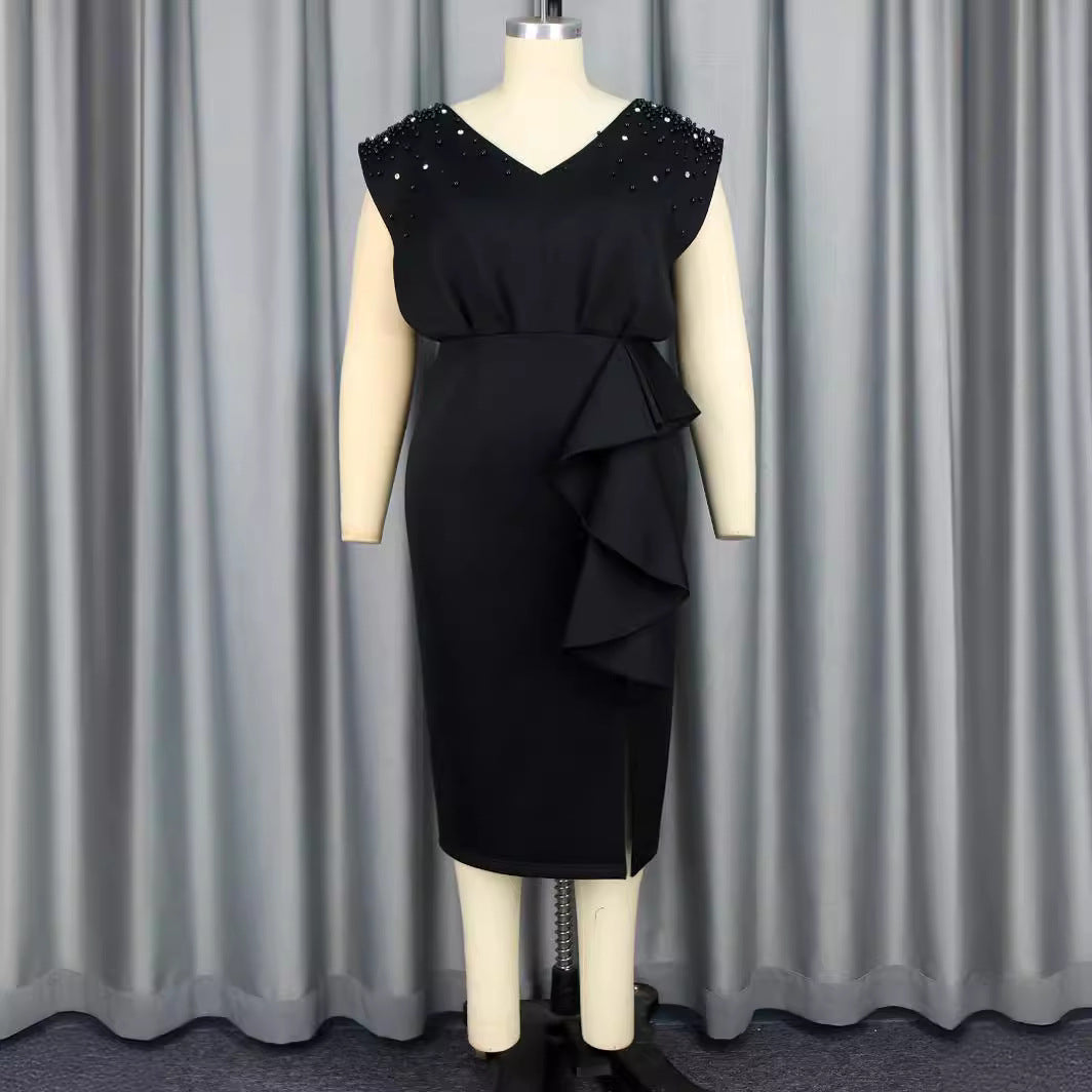 Damen elegantes Wickelkleid mit schimmernden Perlen und asymmetrischem Rüschensaum EB