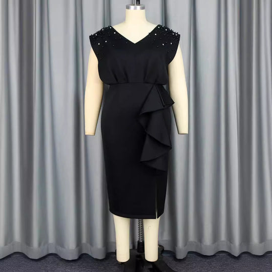 Damen elegantes Wickelkleid mit schimmernden Perlen und asymmetrischem Rüschensaum EB
