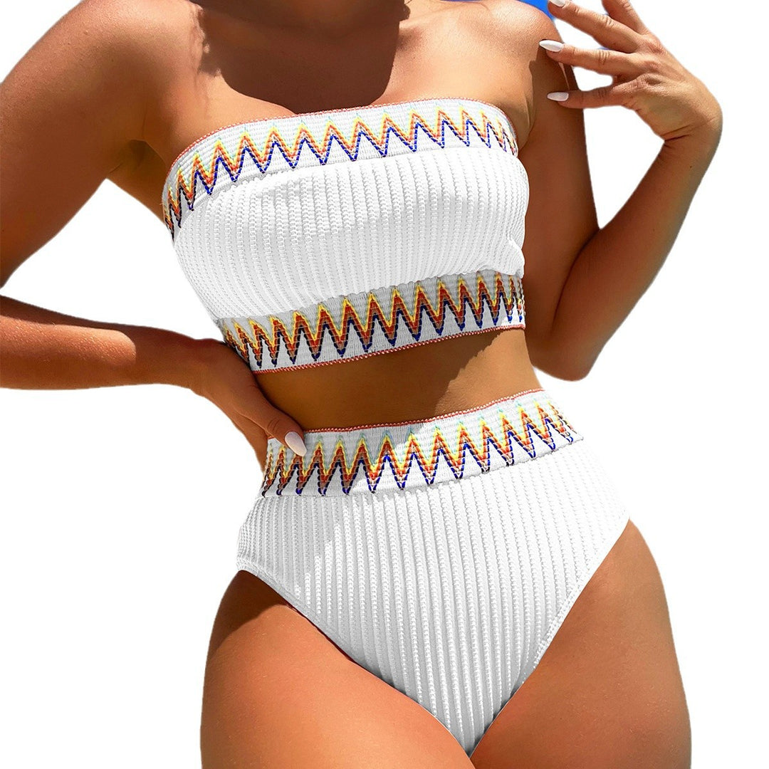 Damen Hochgeschnittener Bandeau-Bikini mit farbenfrohem Zick-Zack-Muster EB