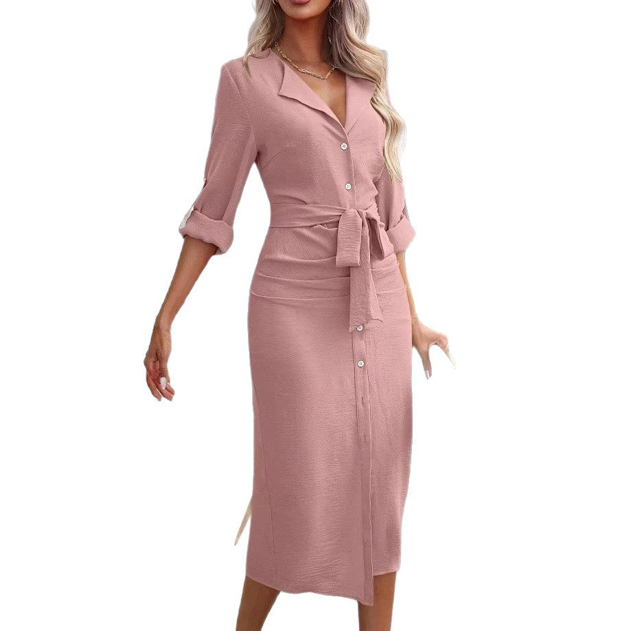 Damen Hemdblusenkleid mit Taillengürtel, Umschlagärmeln und vorderem Schlitz EB