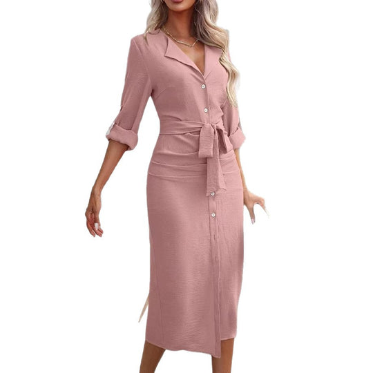 Damen Hemdblusenkleid mit Taillengürtel, Umschlagärmeln und vorderem Schlitz EB