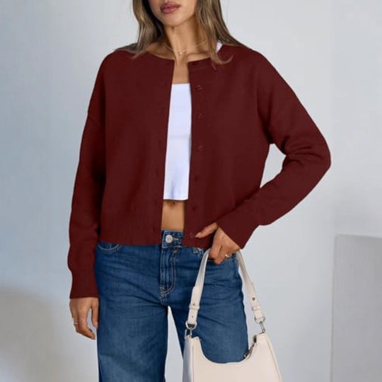 Damen Cropped Strickjacke im Boxy‑Schnitt mit Rundhals und Rippbündchen EB
