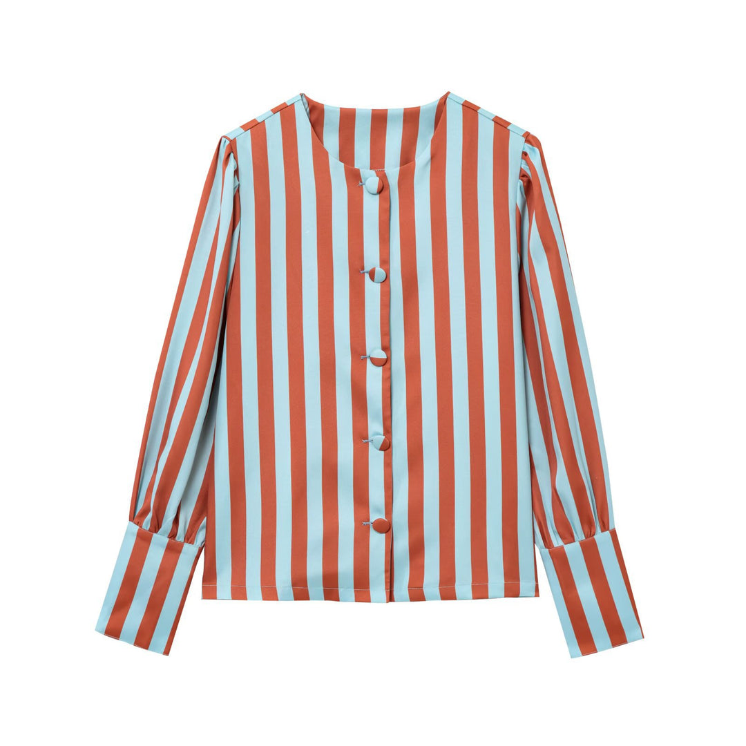 Damen Langarm-Bluse mit gestreiftem Design und elegantem Puffärmel EB