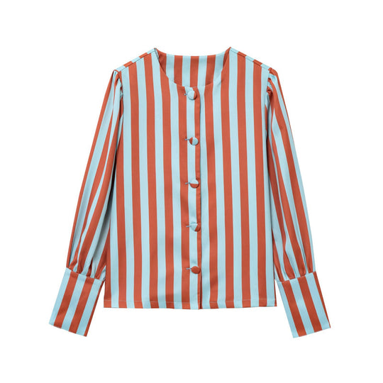 Damen Langarm-Bluse mit gestreiftem Design und elegantem Puffärmel EB