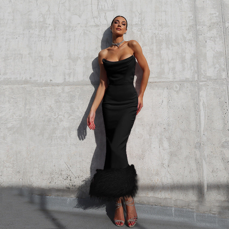 Damen Elegantes Midi-Kleid mit verführerischem Federbesatz EB
