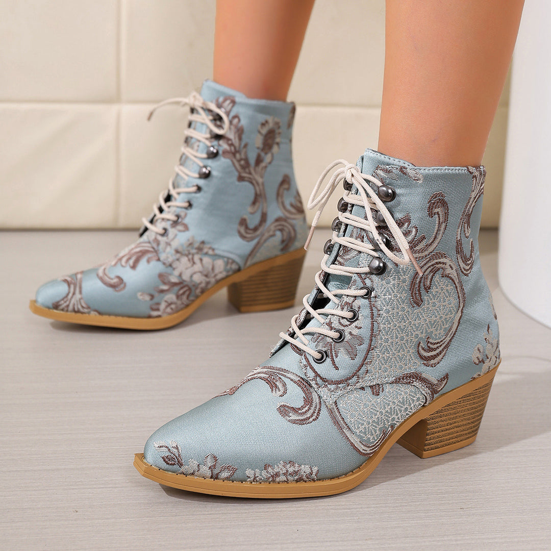 Damen bestickte Schnür-Stiefelette mit Jacquard-Brokatmuster und niedrigem Blockabsatz EB