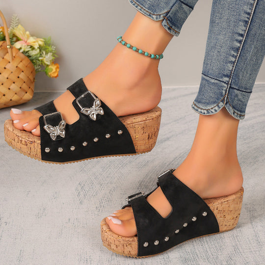 Damen Wedge-Pantoletten mit dekorativen Schnallen und elegantem Korkabsatz EB