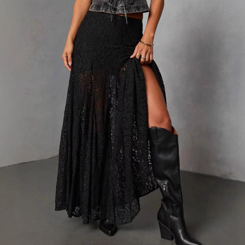 Damen Eleganter Spitzenmaxirock mit fließendem Fall und transparenten Details EB