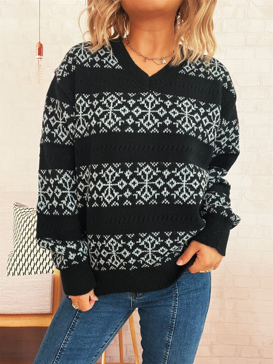 Damen Strickpullover im nordischen Muster mit tiefem V-Ausschnitt EB
