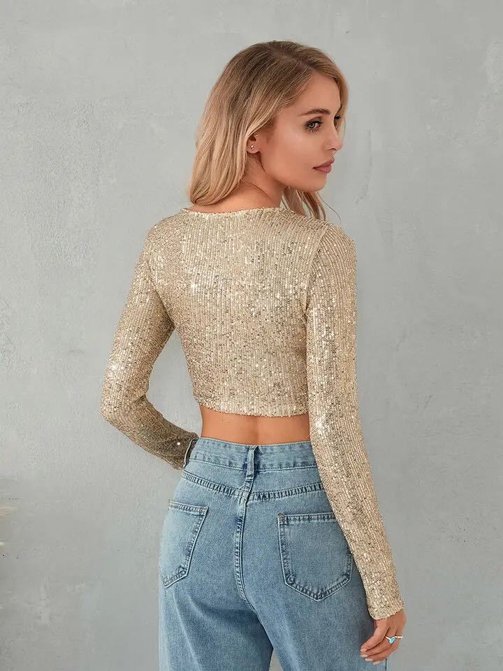 Damen Glitzerndes Langarm-Top mit funkelnden Pailletten EB