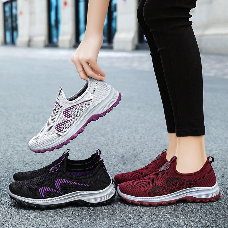 Damen nan leichter gestrickter Slip-On Komfortsneaker mit elastischem Einstieg, atmungsaktivem 3D-Strick und gedämpfter EVA-Keilsohle EB
