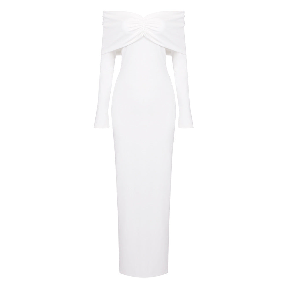Damen elegantes Maxikleid mit schulterfreiem Design und langem Ärmel EB
