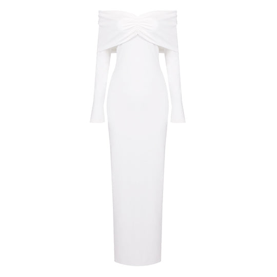 Damen elegantes Maxikleid mit schulterfreiem Design und langem Ärmel EB