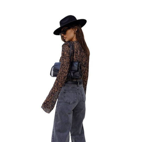 Damen Transparentes Langarmshirt im modernen Leopardenmuster EB