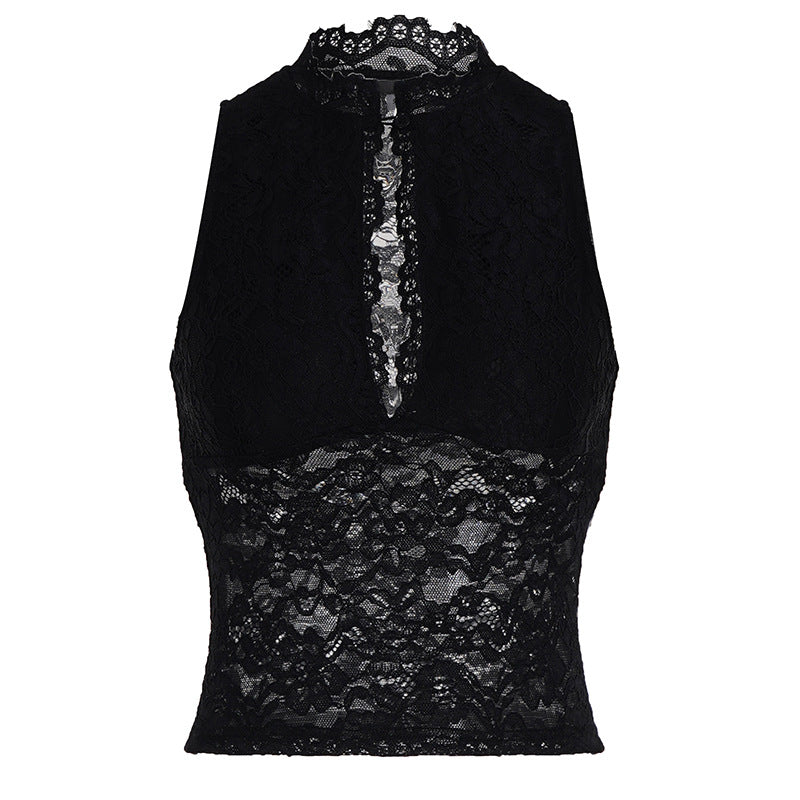 Damen Spitzen-Crop-Top mit elegantem Stehkragen und transparenten Einsätzen EB