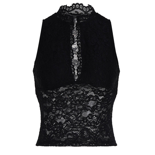 Damen Spitzen-Crop-Top mit elegantem Stehkragen und transparenten Einsätzen EB