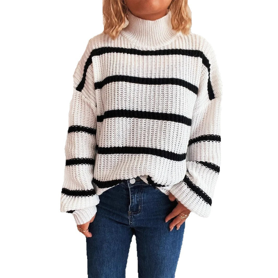 Damen Strickpullover mit hohem Kragen und modischem Streifenmuster EB