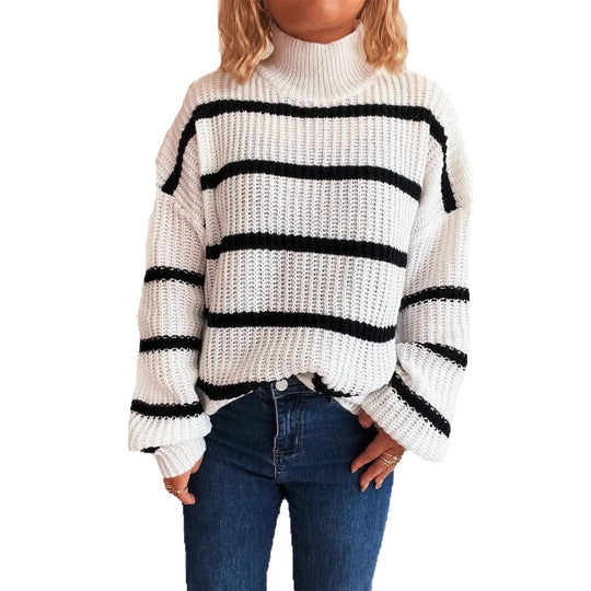 Damen Strickpullover mit hohem Kragen und modischem Streifenmuster EB